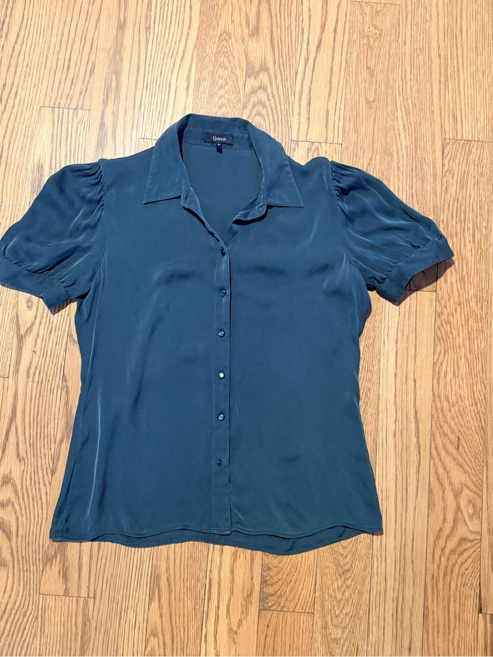 Quince Forest Green Mulberry Silk Blend  Button-Front Puff Sleeve Blouse